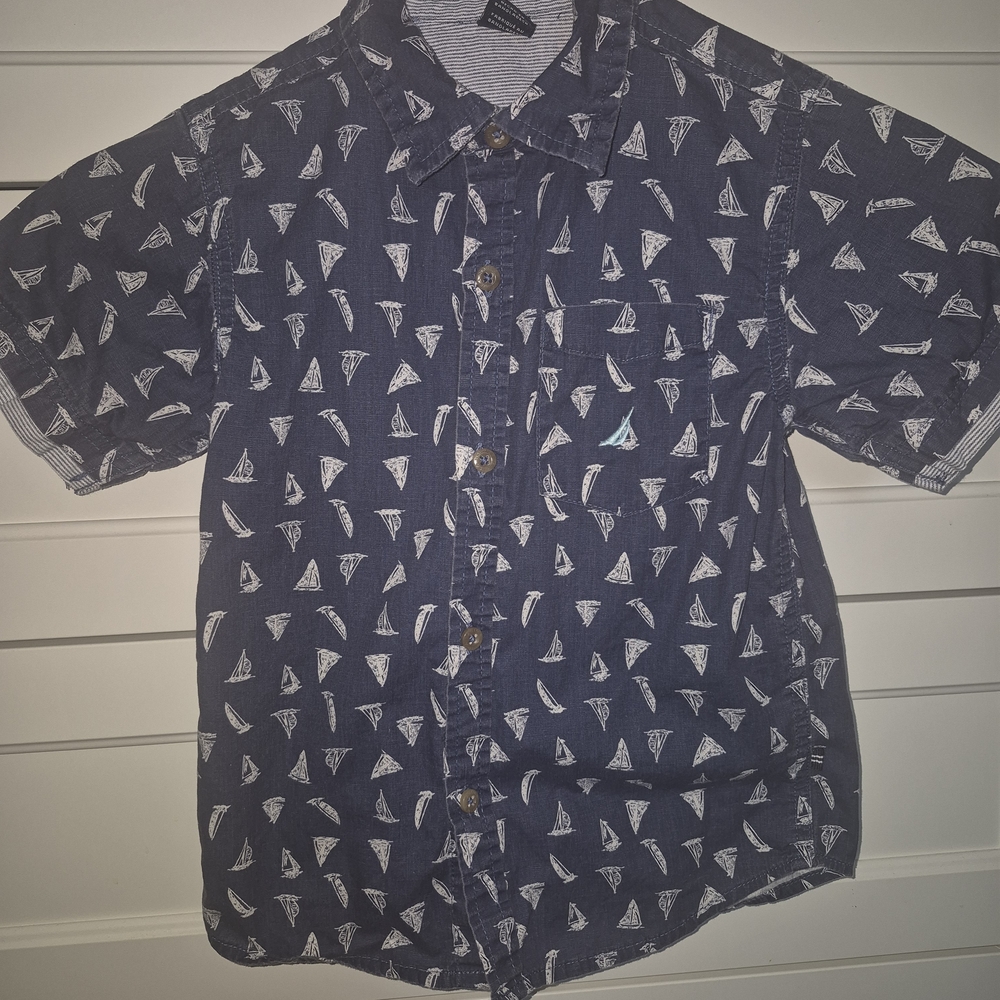 Nautica Kids Navy Button Down Shirt with Sailboat Pattern